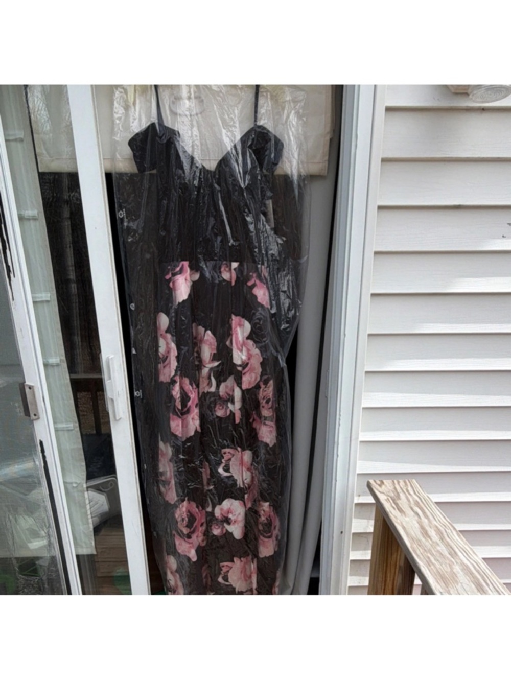David's Bridal Black Evening Gown with Pink Rose Print